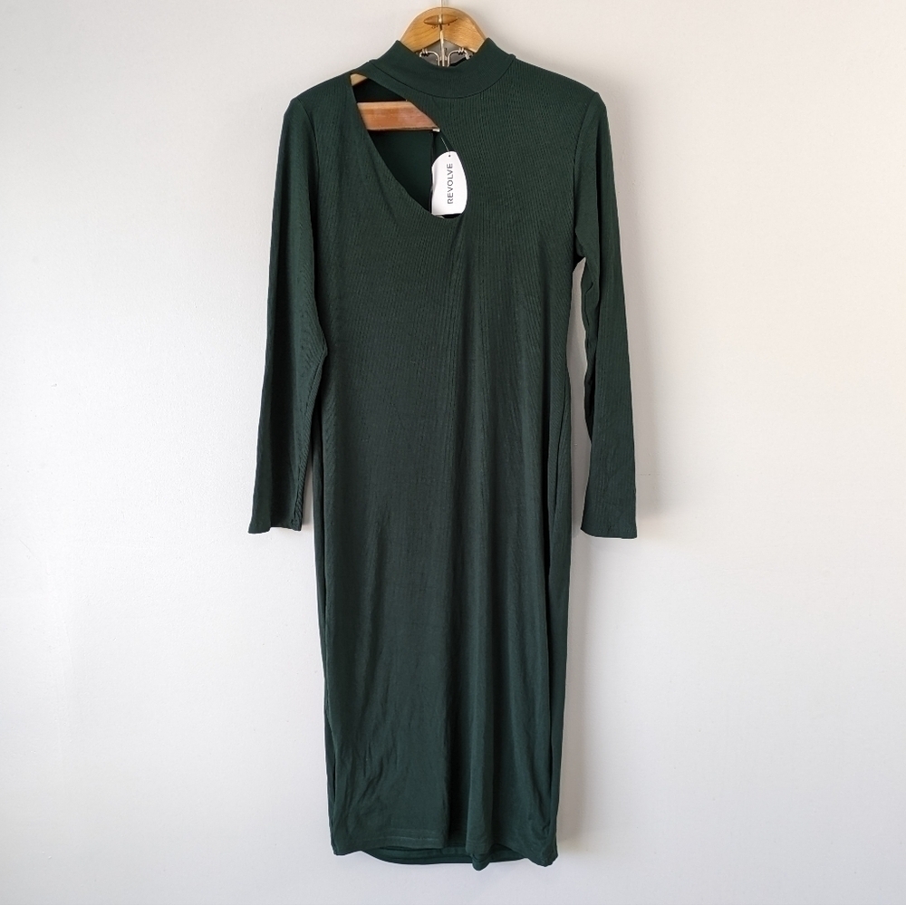 Remi x Revolve Dress Women's 1X Green Forest Lori Midi Plus Cutout Rib Bodycon 